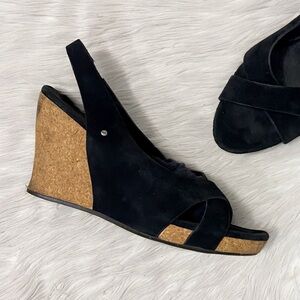 UGG Black Suede Hazel Crisscross Peep Toe Slingback Cork Wedge Snadals